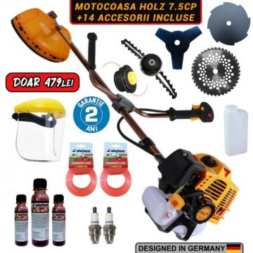 Pachet PROMO: Motocoasa pe benzina HOLZ Germany cu 14 ACCESORII incluse de 7.5CP, 12000 RPM 58cc